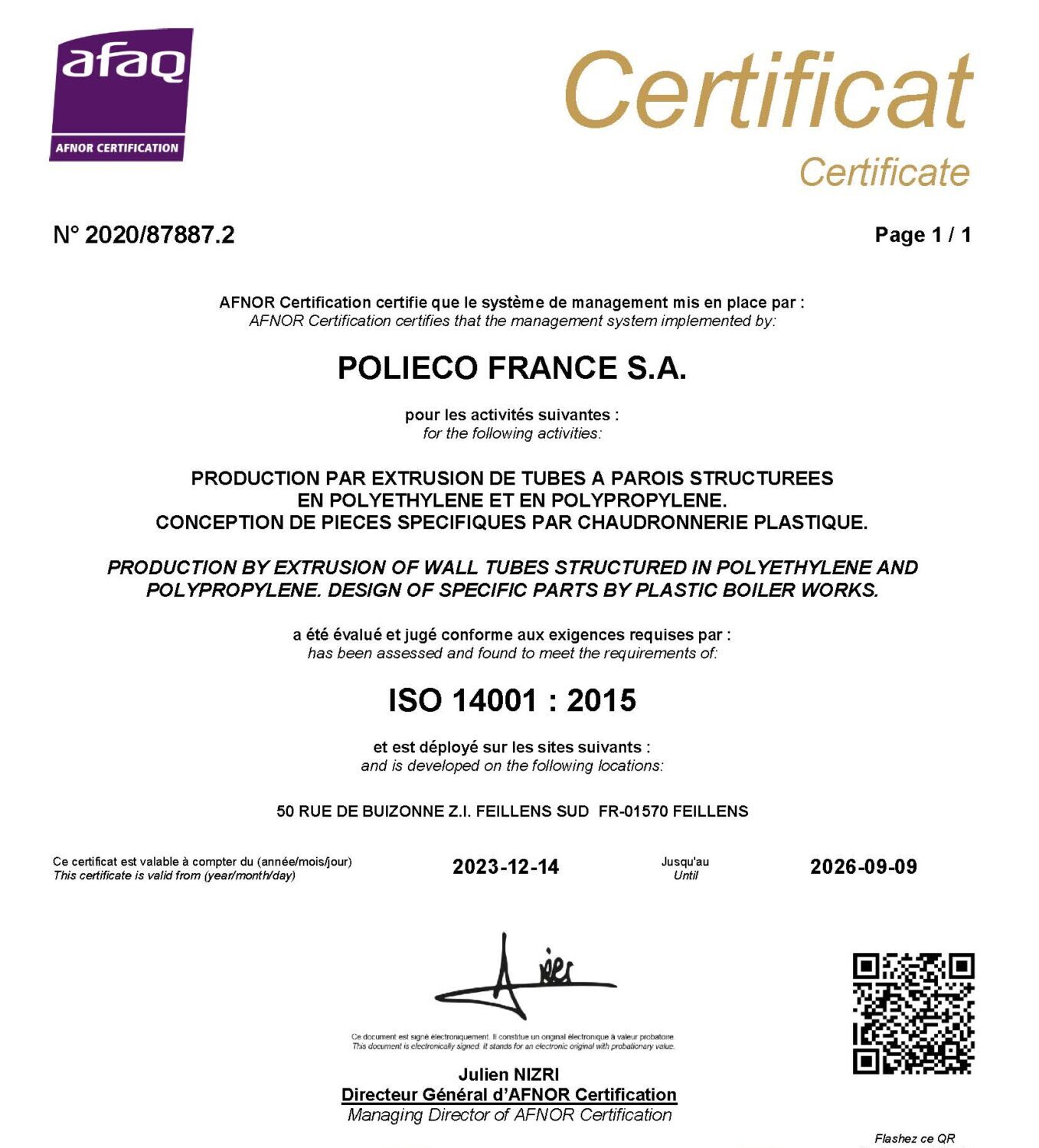 Certificat 14001 - AFNOR