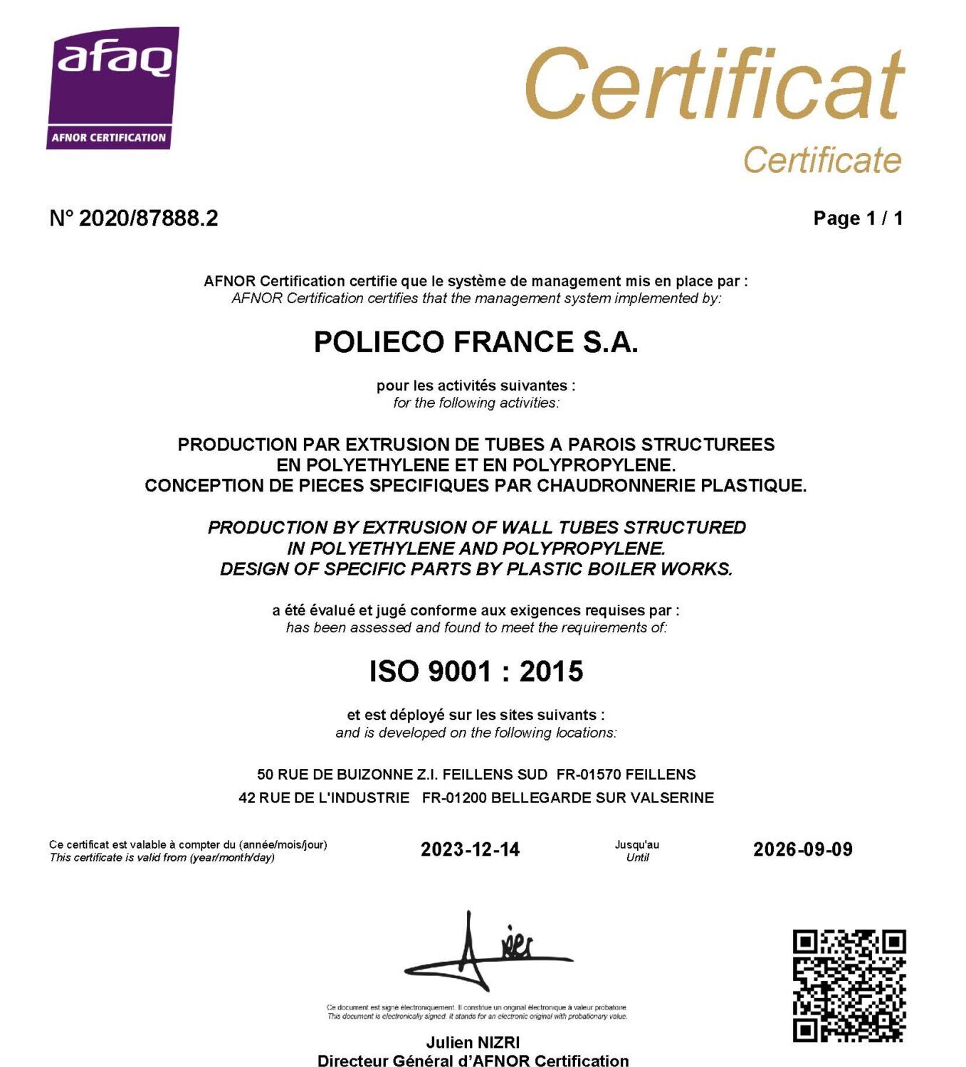 Certificat 9001 - AFNOR