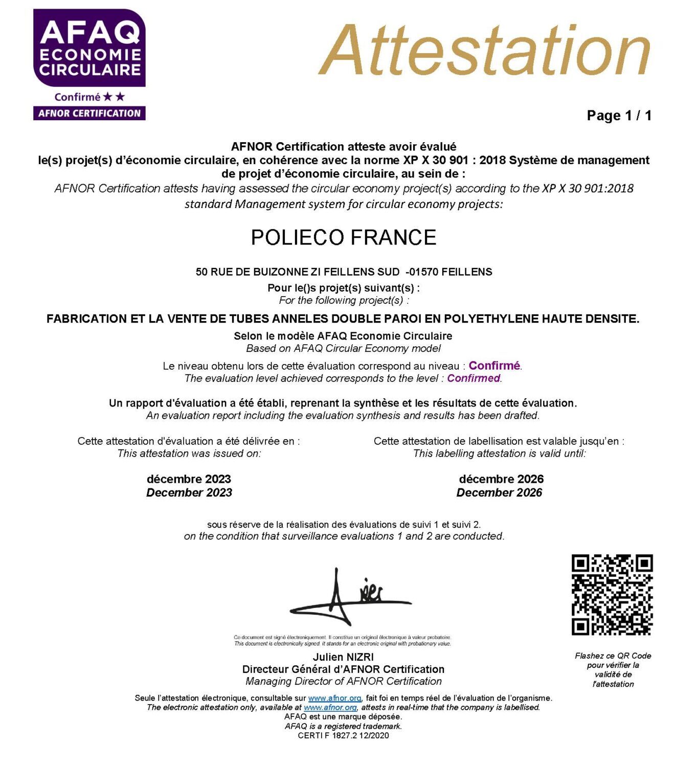 Attestation Economie Circulaire - AFNOR