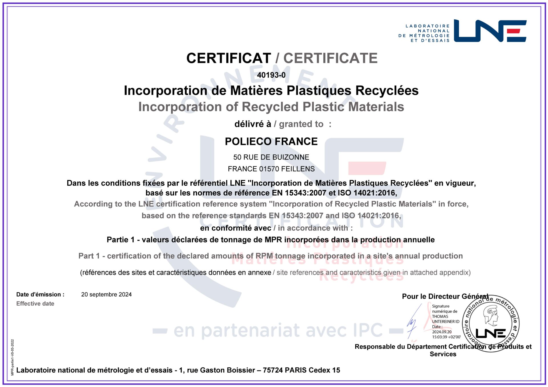 Certificat MPR - LNE