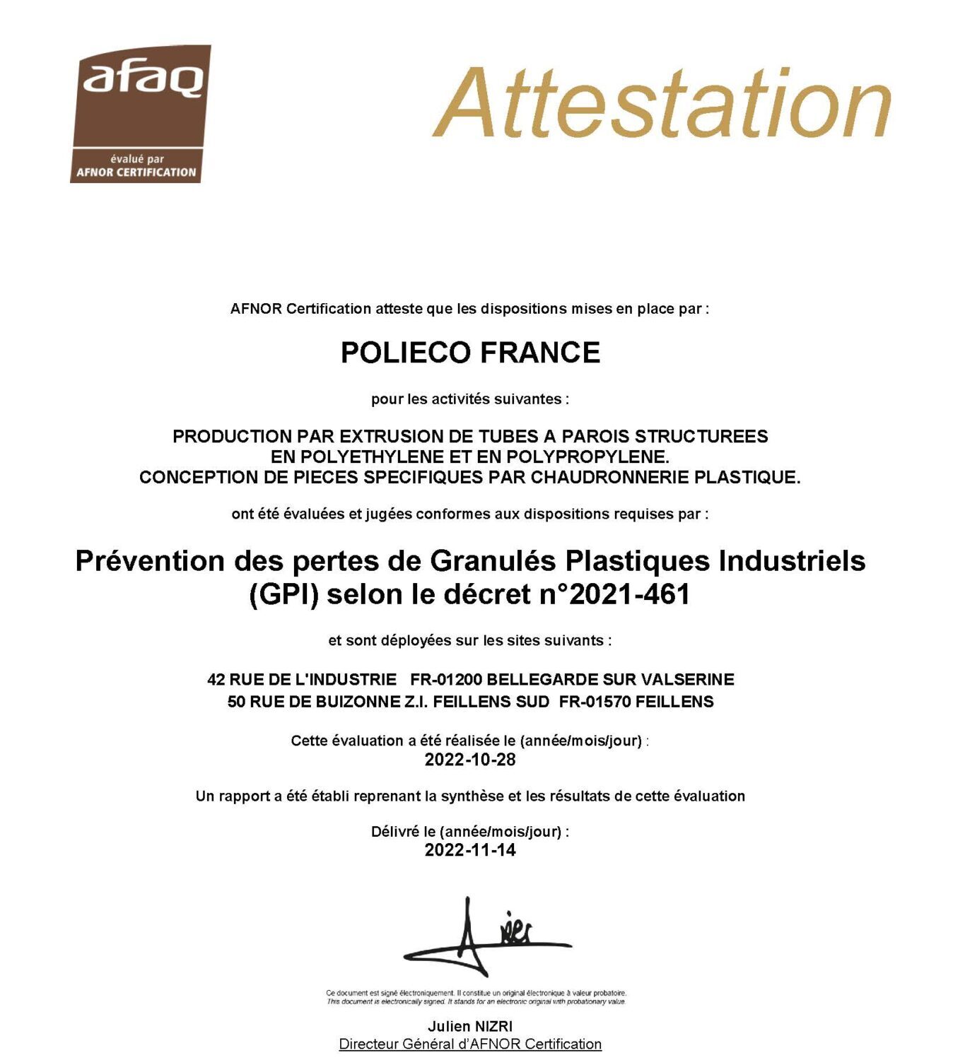 Attestation GPI - AFNOR