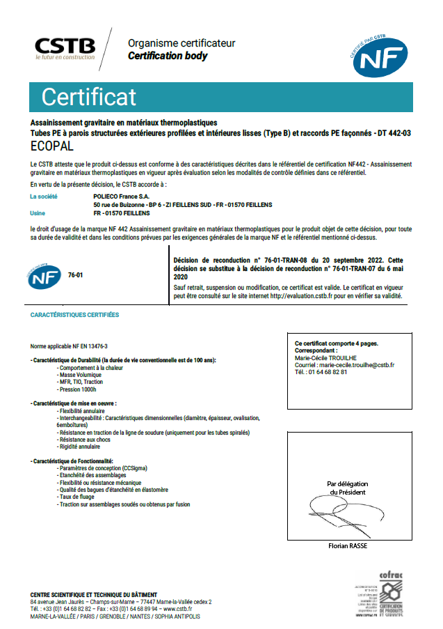 Certificat NF 442 ECOPAL® - CSTB